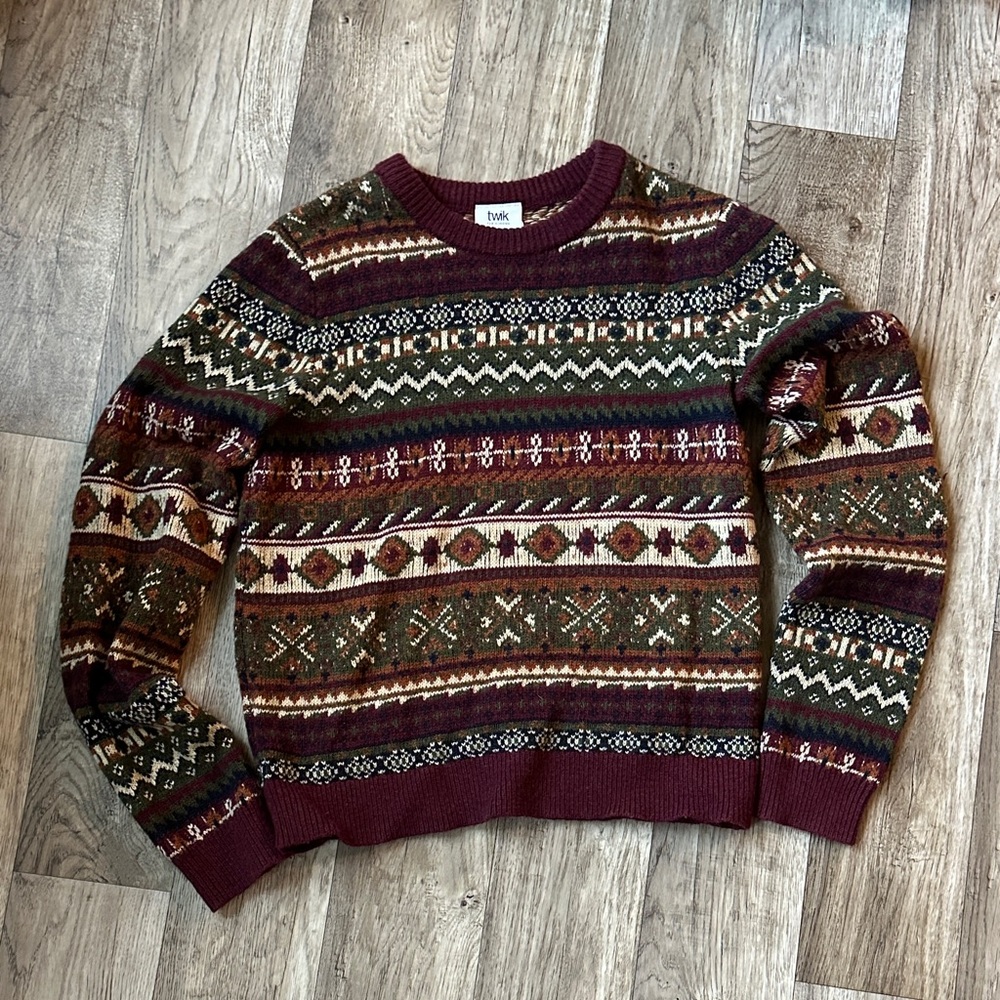 Twik Burgundy and Green Fair Isle Crewneck Sweater